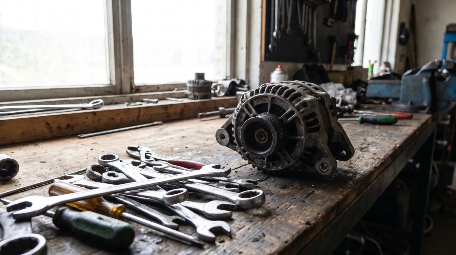 Alternateur déposé sur le plan de travail d'un atelier