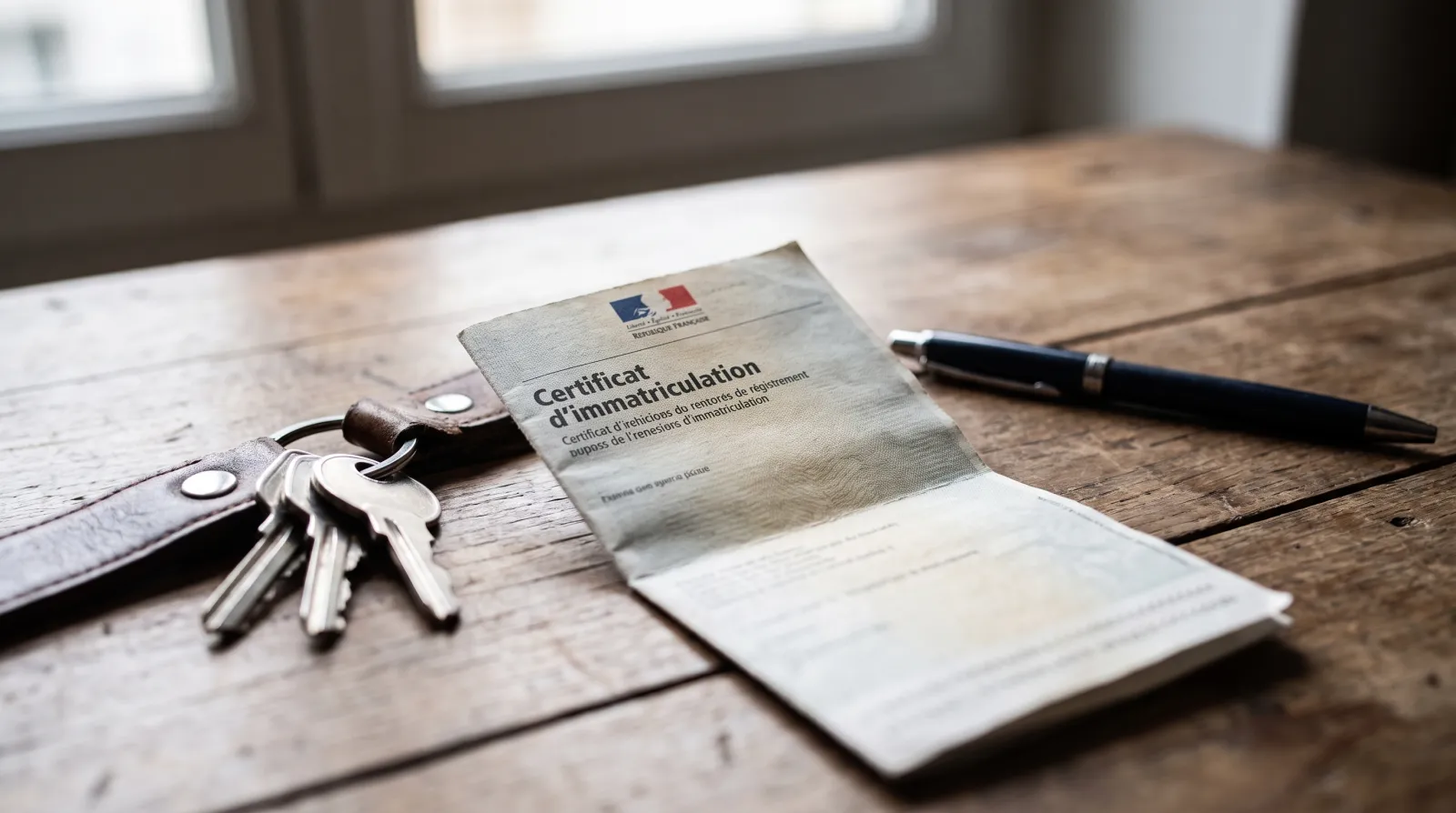 Certificat d'immatriculation et clés de voiture posés sur un bureau
