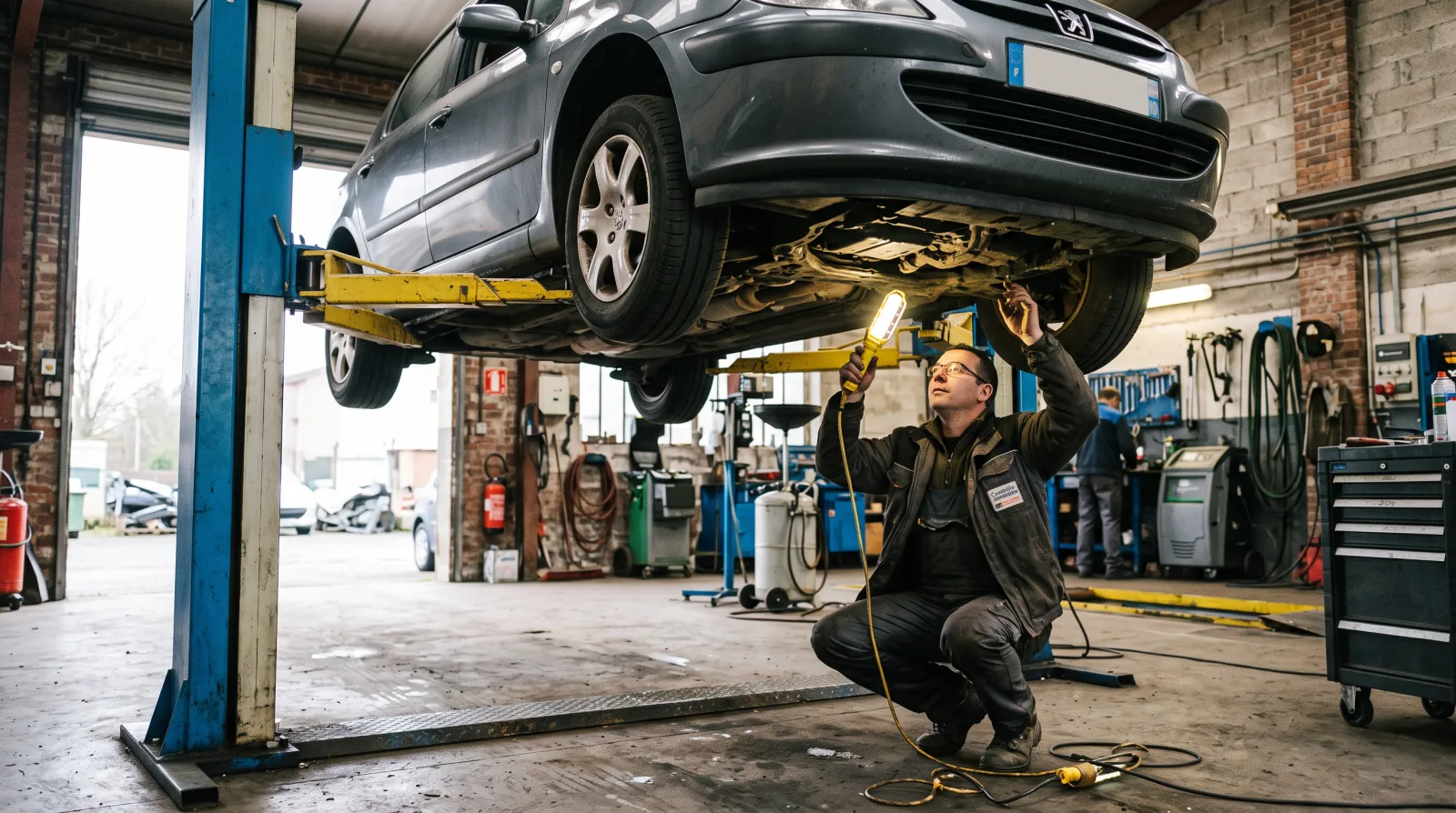 Voiture sur le pont d'un centre de contrôle technique