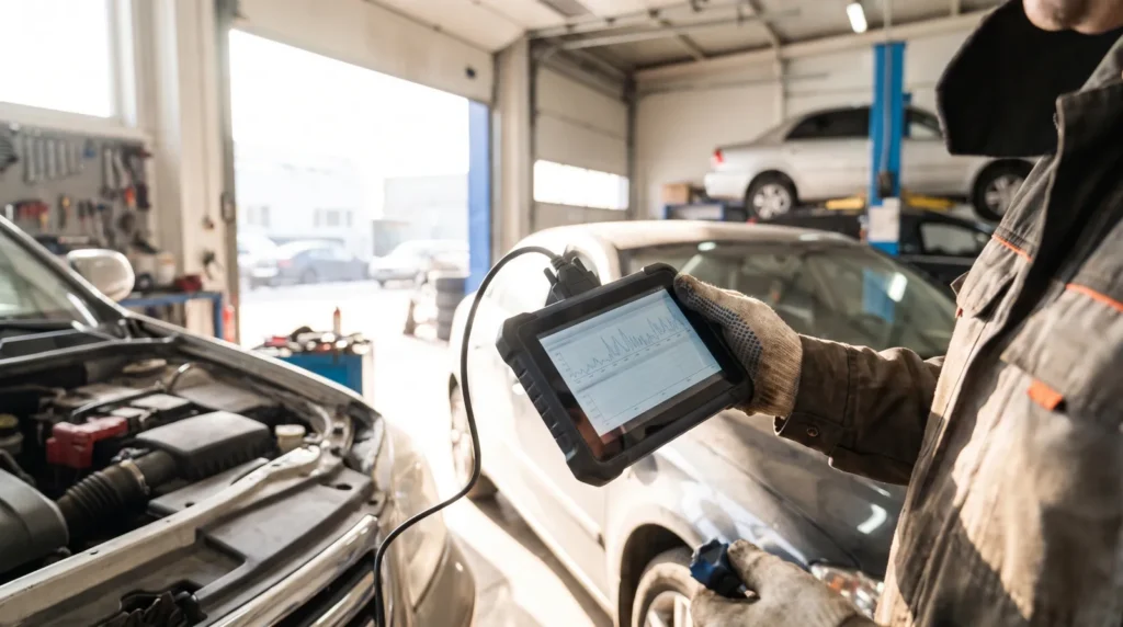 Outil de diagnostic branché sur la prise OBD d'une voiture