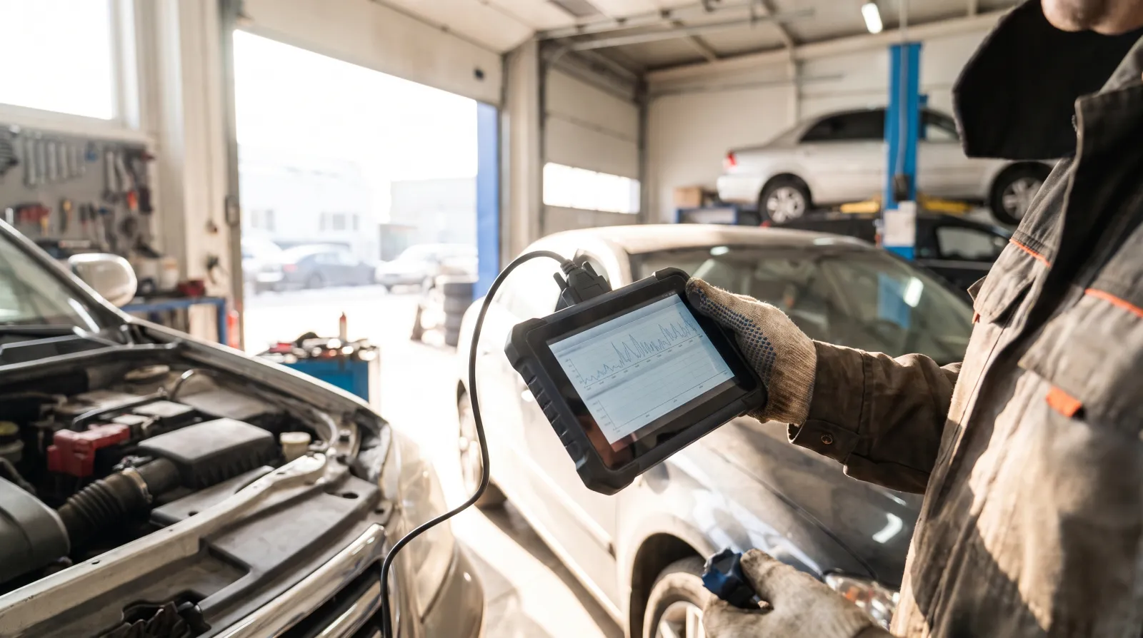 Outil de diagnostic branché sur la prise OBD d'une voiture